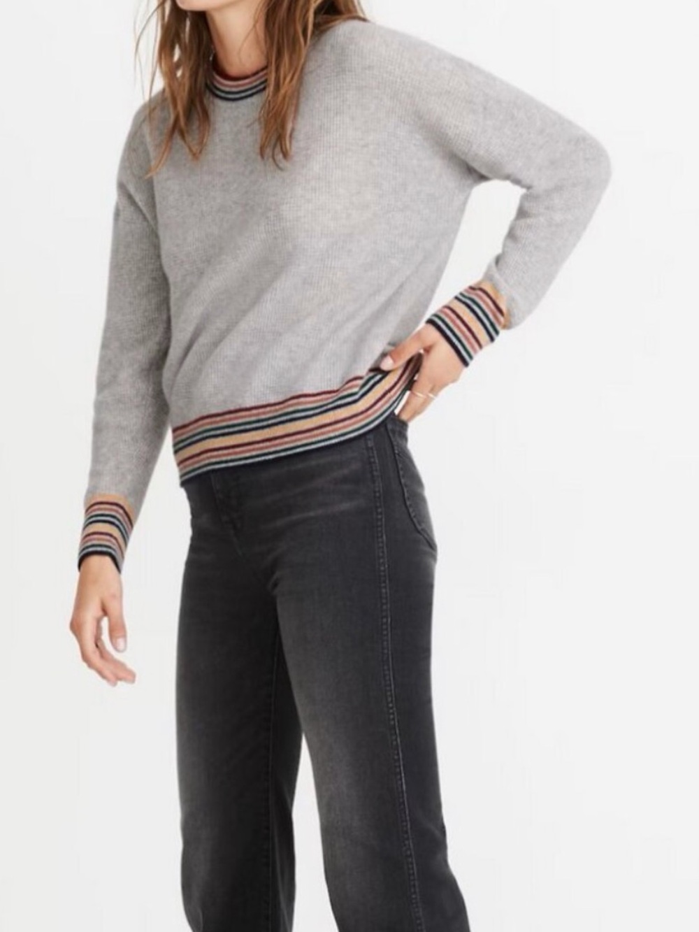 Like new Madewell size XS Light Gray waffle cashmere sweater with rainbow trim - Picture 2 of 10